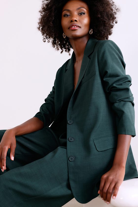 Lulus Bold Poise Dark Green Button-front Blazer In Dark Green