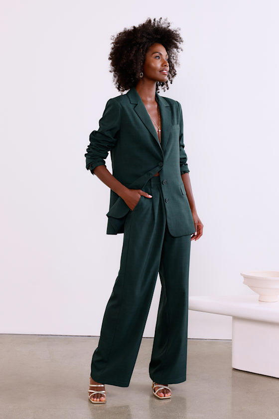 Lulus Bold Poise Dark Green High Rise Straight Leg Trouser Pants In Dark Green