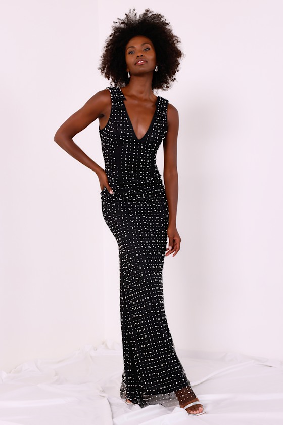 Constant Sophistication Black Mesh Pearl Rhinestone Maxi Dress