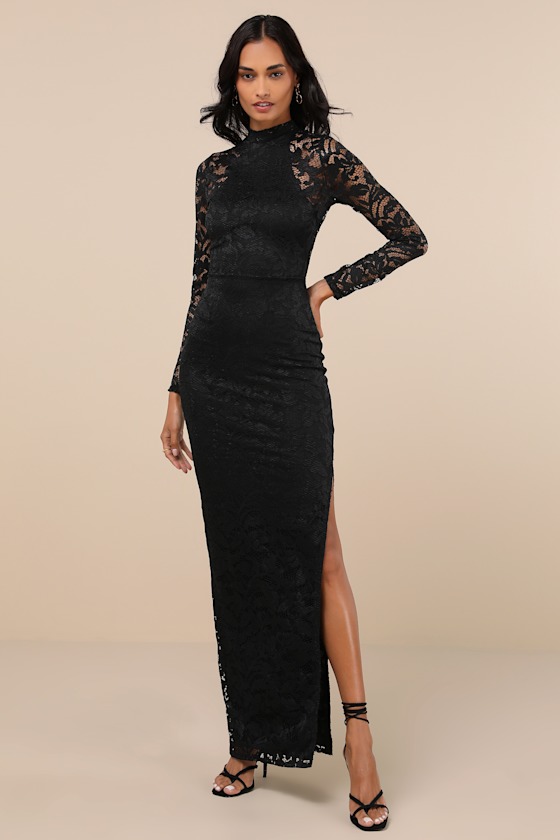 Lulus Extravagant Energy Black Lace Backless Long Sleeve Maxi Dress In Black