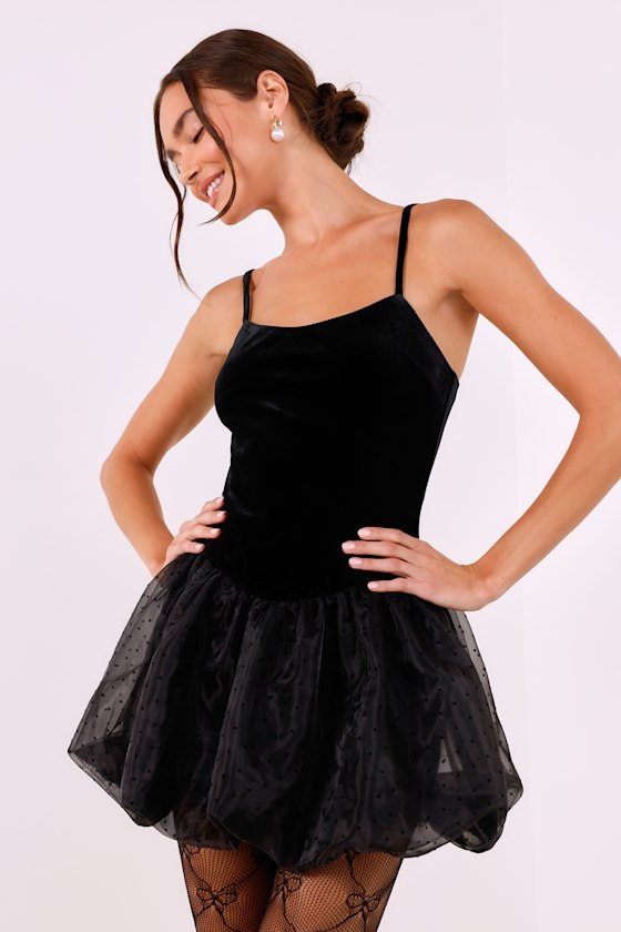 Lulus Coquette Energy Black Polka Dot Velvet Drop Waist Mini Dress In Black
