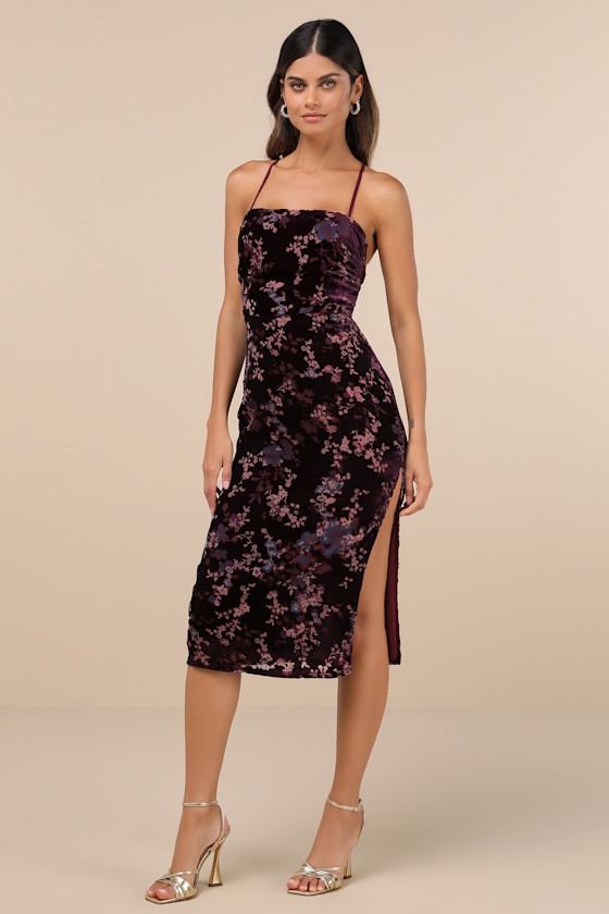 Elegant Persuasion Dark Plum Burnout Velvet Lace-Up Midi Dress 1