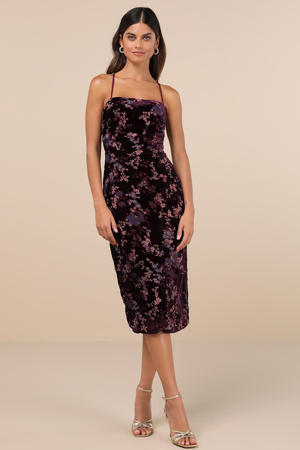 Elegant Persuasion Dark Plum Burnout Velvet Lace-Up Midi Dress