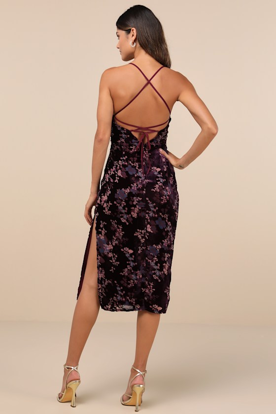 Elegant Persuasion Dark Plum Burnout Velvet Lace-Up Midi Dress 3