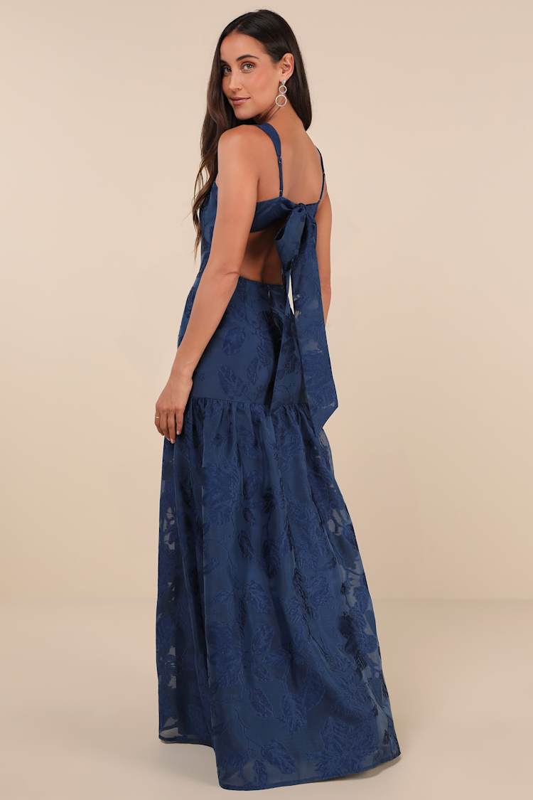 Opulent Aura Navy Floral Jacquard Tie-Back Drop Waist Maxi Dress