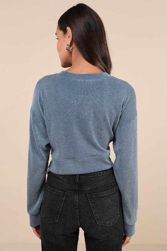 Lulus Relaxed Attitude Slate Blue Textured Ribbed Long Sleeve Crop Top In Slate Blue