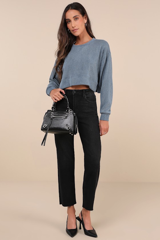 Lulus Relaxed Attitude Slate Blue Textured Ribbed Long Sleeve Crop Top In Slate Blue