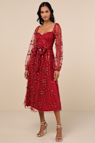Darling Charisma Wine Red Mesh Embroidered Midi Dress 1