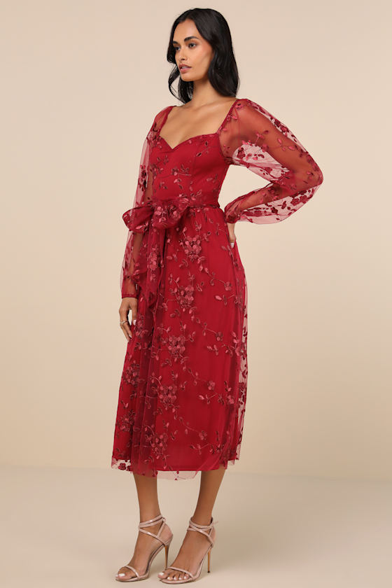 LULUS DARLING CHARISMA WINE RED MESH EMBROIDERED MIDI DRESS