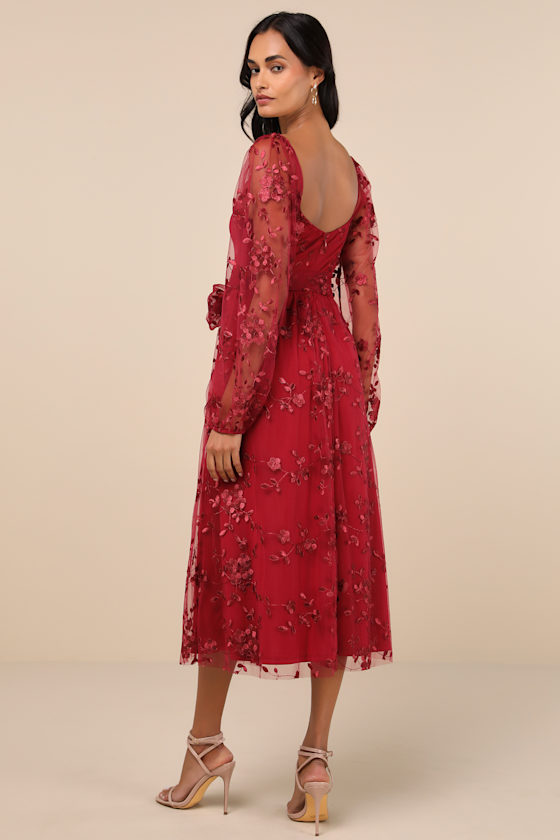 LULUS DARLING CHARISMA WINE RED MESH EMBROIDERED MIDI DRESS