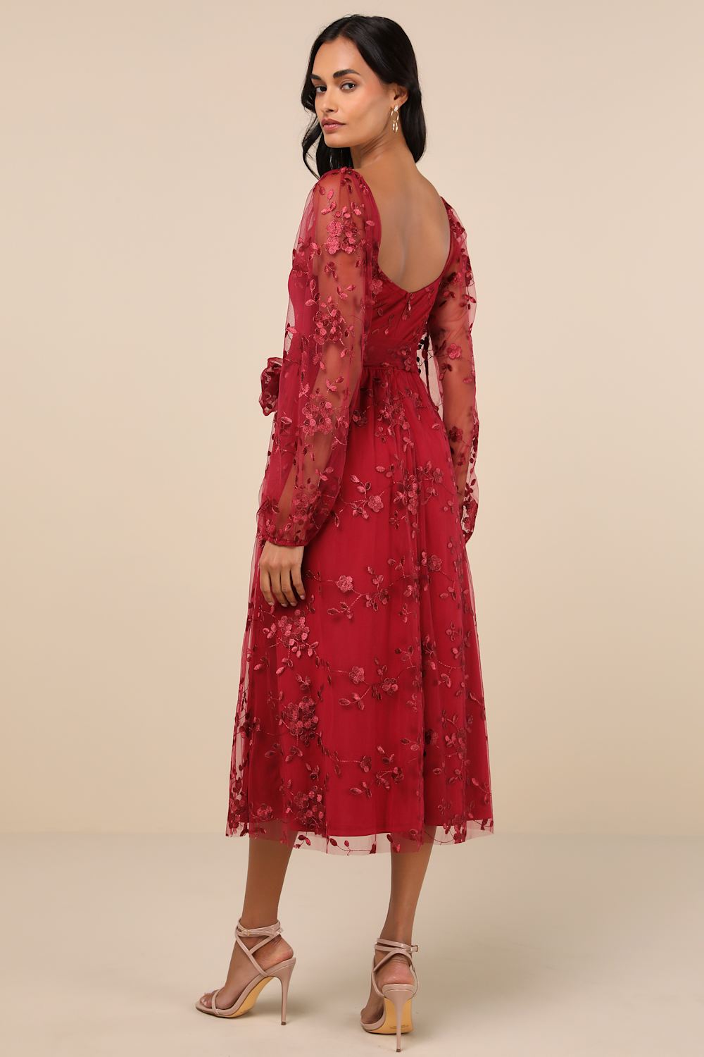 Darling Charisma Wine Red Mesh Embroidered Midi Dress