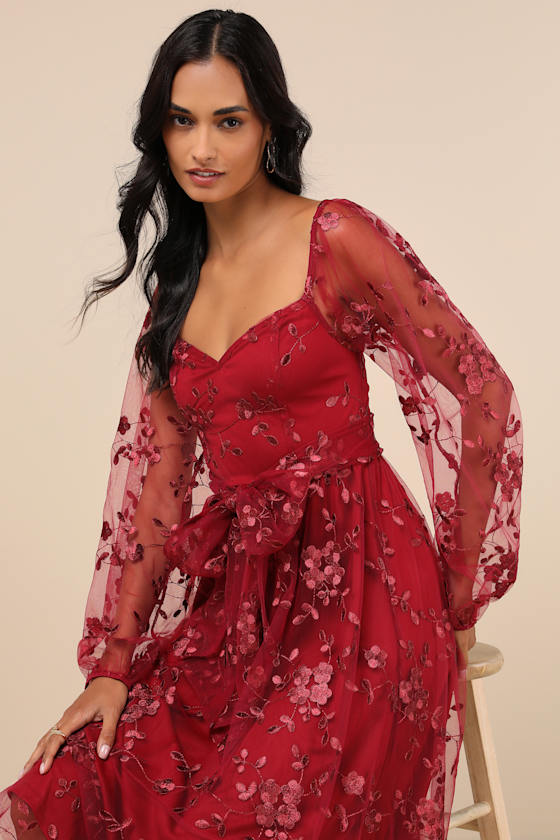 LULUS DARLING CHARISMA WINE RED MESH EMBROIDERED MIDI DRESS