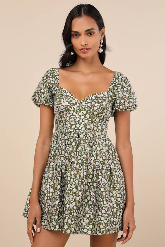 Lulus Confident Sweetheart Olive Floral Jacquard Tiered Mini Dress In Green