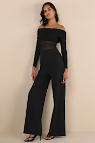 Sultry Statement Black Mesh Ruched Off-the-Shoulder Jumpsuit 1