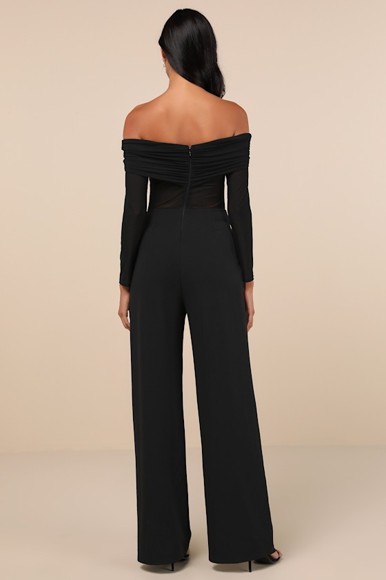 Lulus Sultry Statement Black Mesh Ruched Off-the-shoulder Jumpsuit In Black