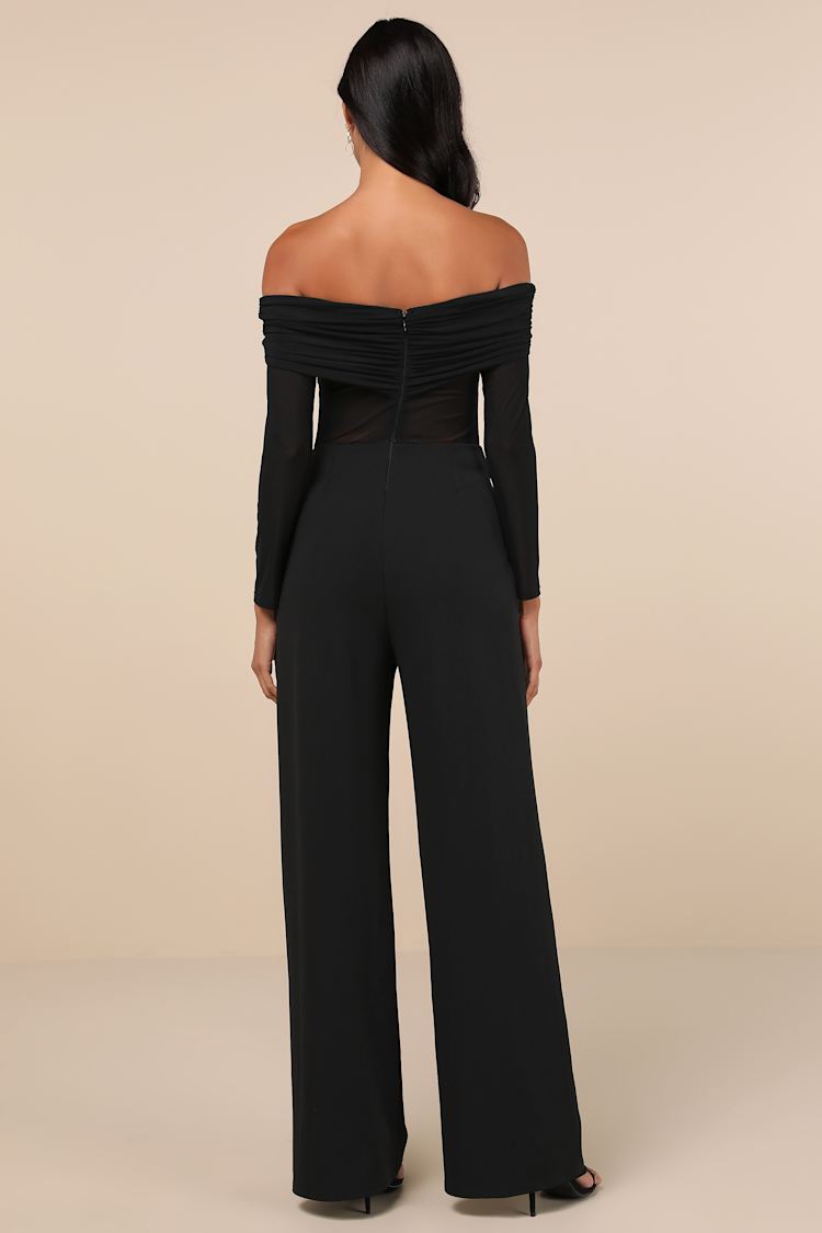 Sultry Statement Black Mesh Ruched Off-the-Shoulder Jumpsuit