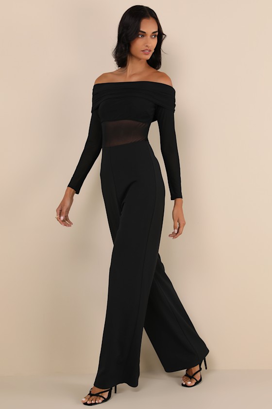 Lulus Sultry Statement Black Mesh Ruched Off-the-shoulder Jumpsuit In Black