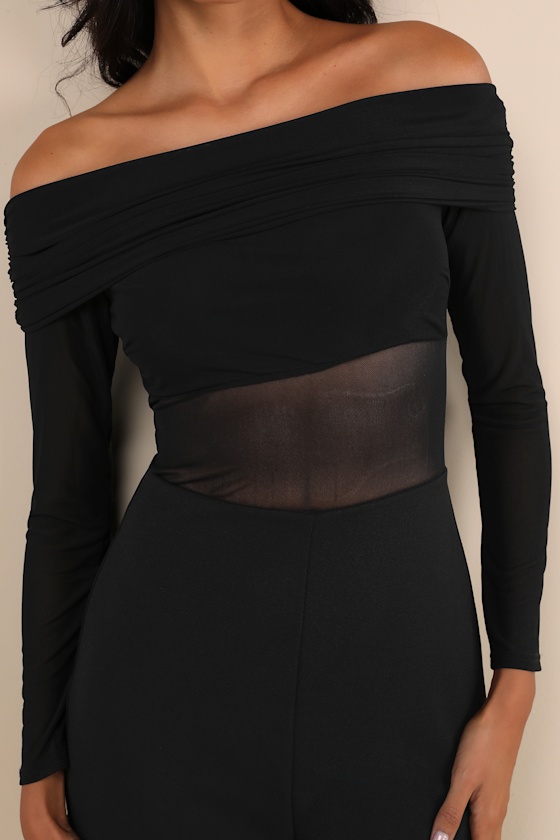 Lulus Sultry Statement Black Mesh Ruched Off-the-shoulder Jumpsuit In Black