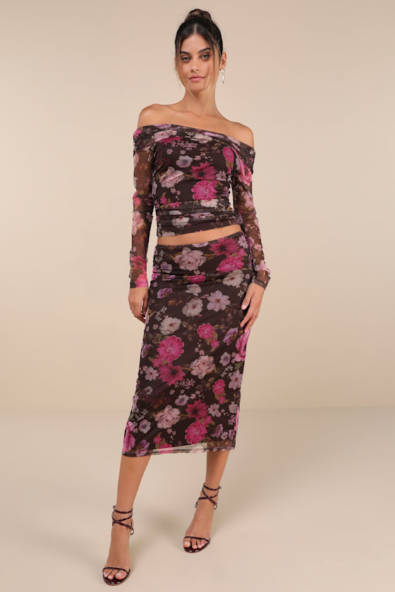 Lulus Unforgettably Sweet Brown Floral Print Mesh High-rise Midi Skirt In Brown