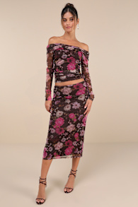 Unforgettably Sweet Brown Floral Print Mesh High-Rise Midi Skirt 2