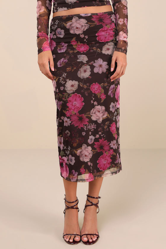 Lulus Unforgettably Sweet Brown Floral Print Mesh High-rise Midi Skirt In Brown