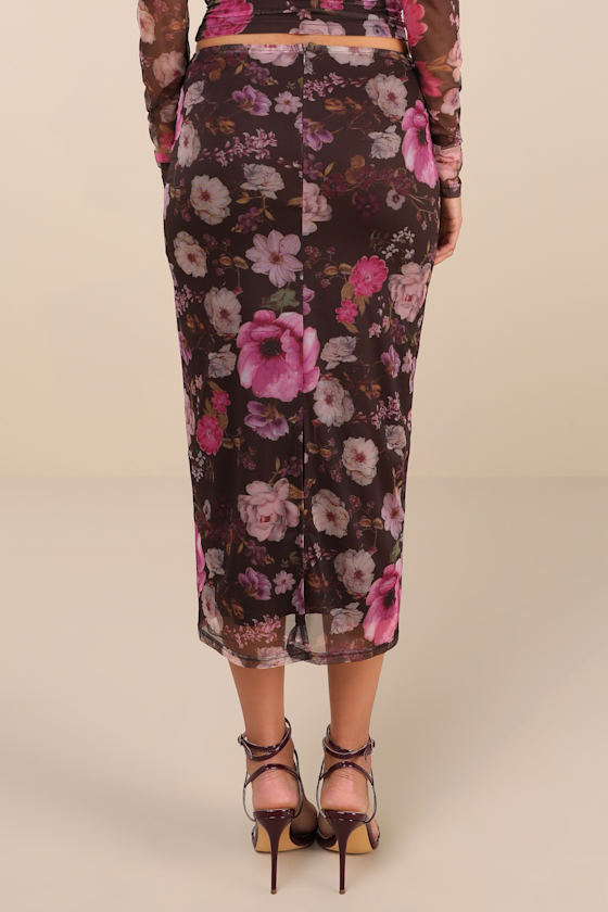Lulus Unforgettably Sweet Brown Floral Print Mesh High-rise Midi Skirt In Brown