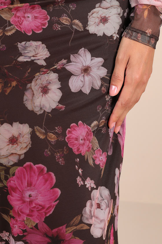 Lulus Unforgettably Sweet Brown Floral Print Mesh High-rise Midi Skirt In Brown