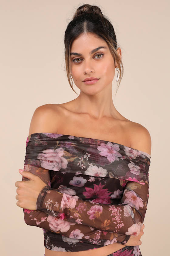 Unforgettably Sweet Brown Floral Print Mesh Off-the-Shoulder Top 1
