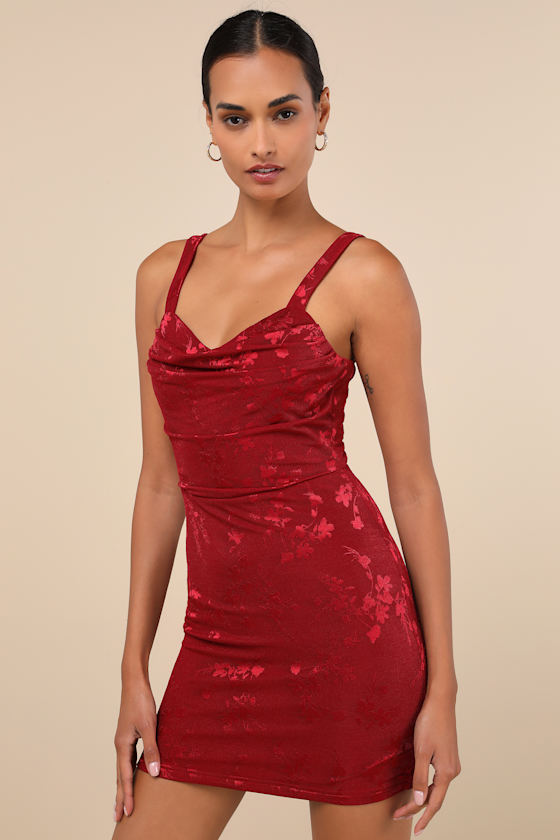 Ever So Flirty Wine Red Mesh Floral Cowl Bodycon Mini Dress 1