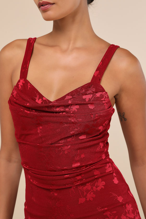 Lulus Ever So Flirty Wine Red Mesh Floral Cowl Bodycon Mini Dress In Wine Red