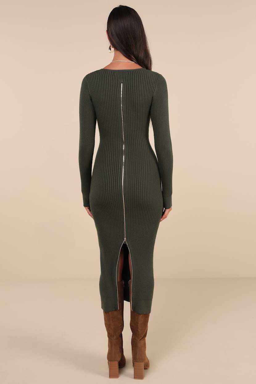 Everyday Beauty Green Long Sleeve Ribbed Knit Sweater Dress
