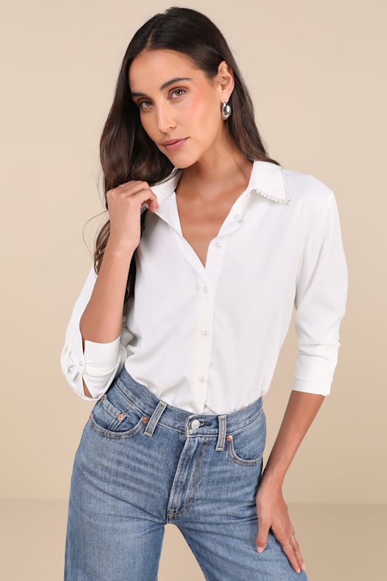 Upscale Composure White Long Sleeve Pearl Trim Button-Up Top 1