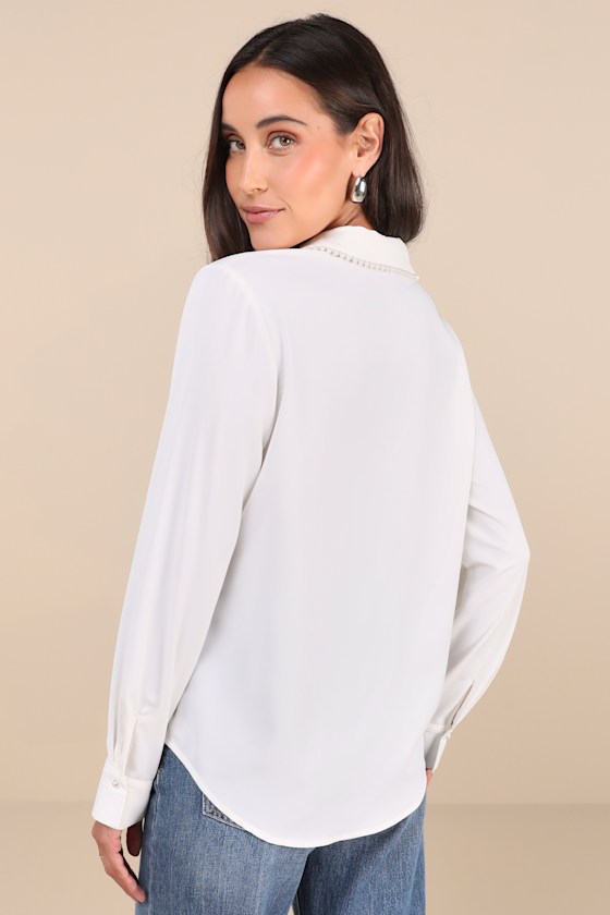 Upscale Composure White Long Sleeve Pearl Trim Button-Up Top 4