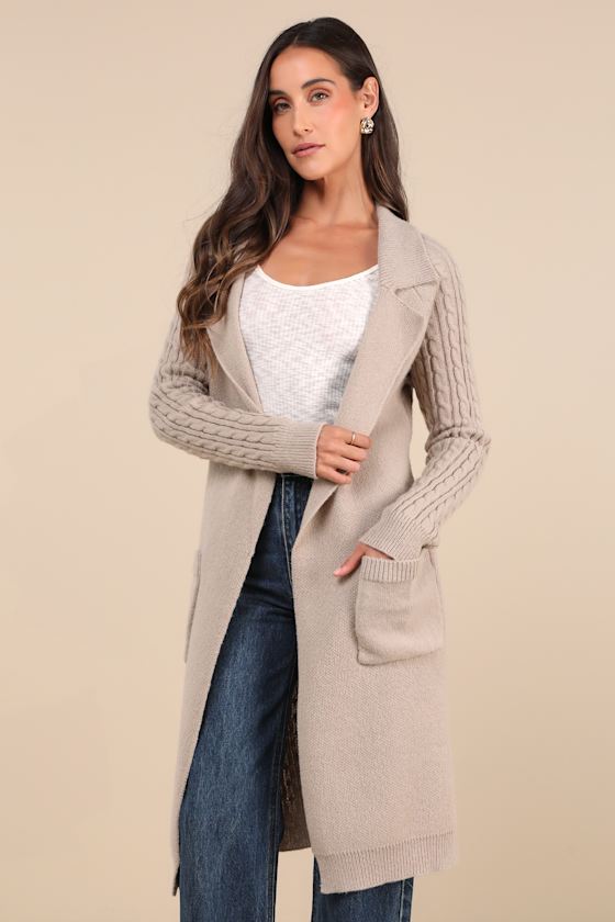 Cozy Effect Taupe Cable Knit Duster Cardigan 1