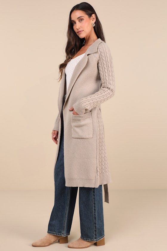 Lulus Cozy Effect Taupe Cable Knit Duster Cardigan In Taupe