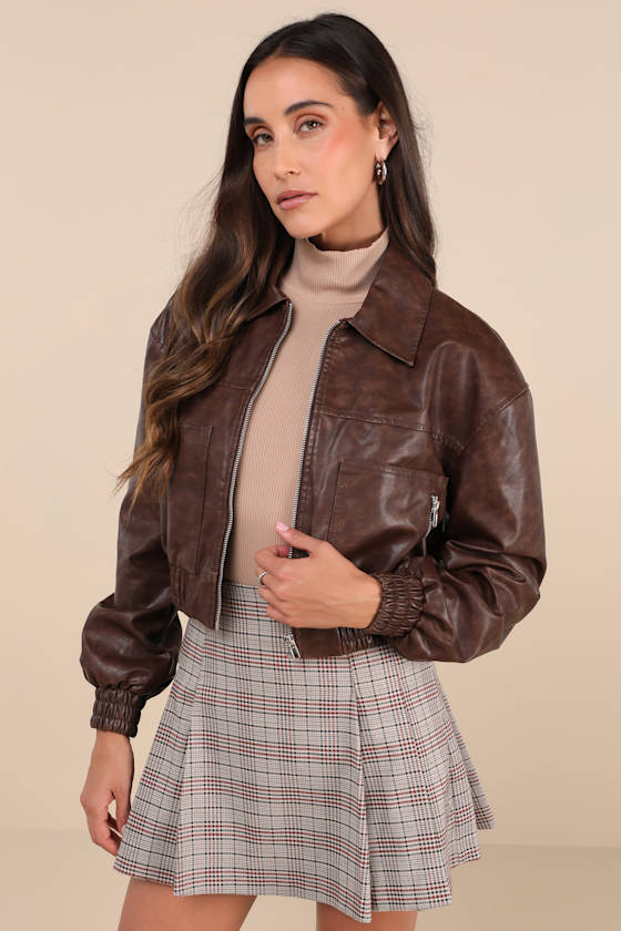 Iconic Travels Brown Vegan Leather Cropped Bomber Jacket 1