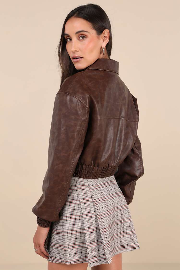Iconic Travels Brown Vegan Leather Cropped Bomber Jacket