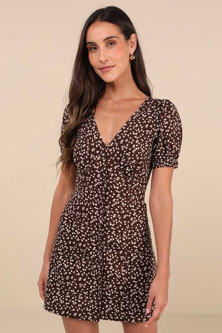 Adored Cutie Brown Floral Corduroy Button-Front Mini Dress