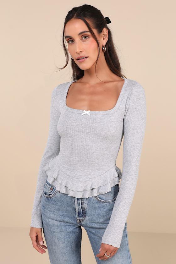 Heather Grey Top - Ribbed Knit Ruffled Top - Long Sleeve Top