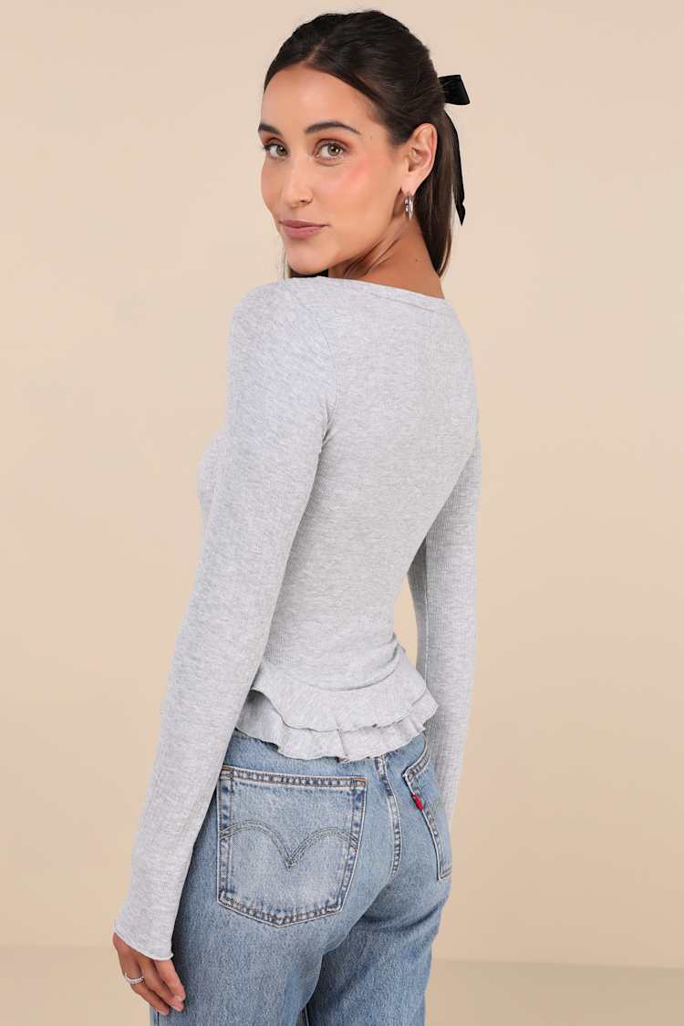 Instinctually Cute Heather Grey Ribbed Ruffled Long Sleeve Top