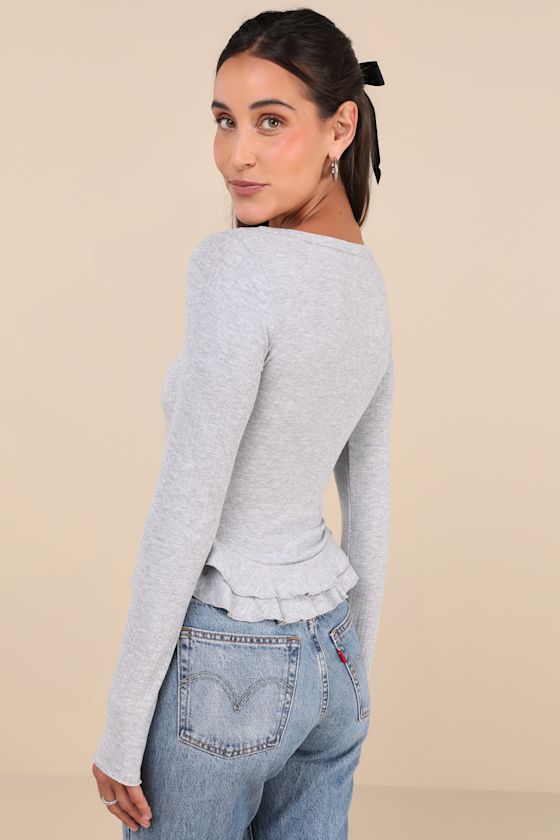 Instinctually Cute Heather Grey Ribbed Ruffled Long Sleeve Top