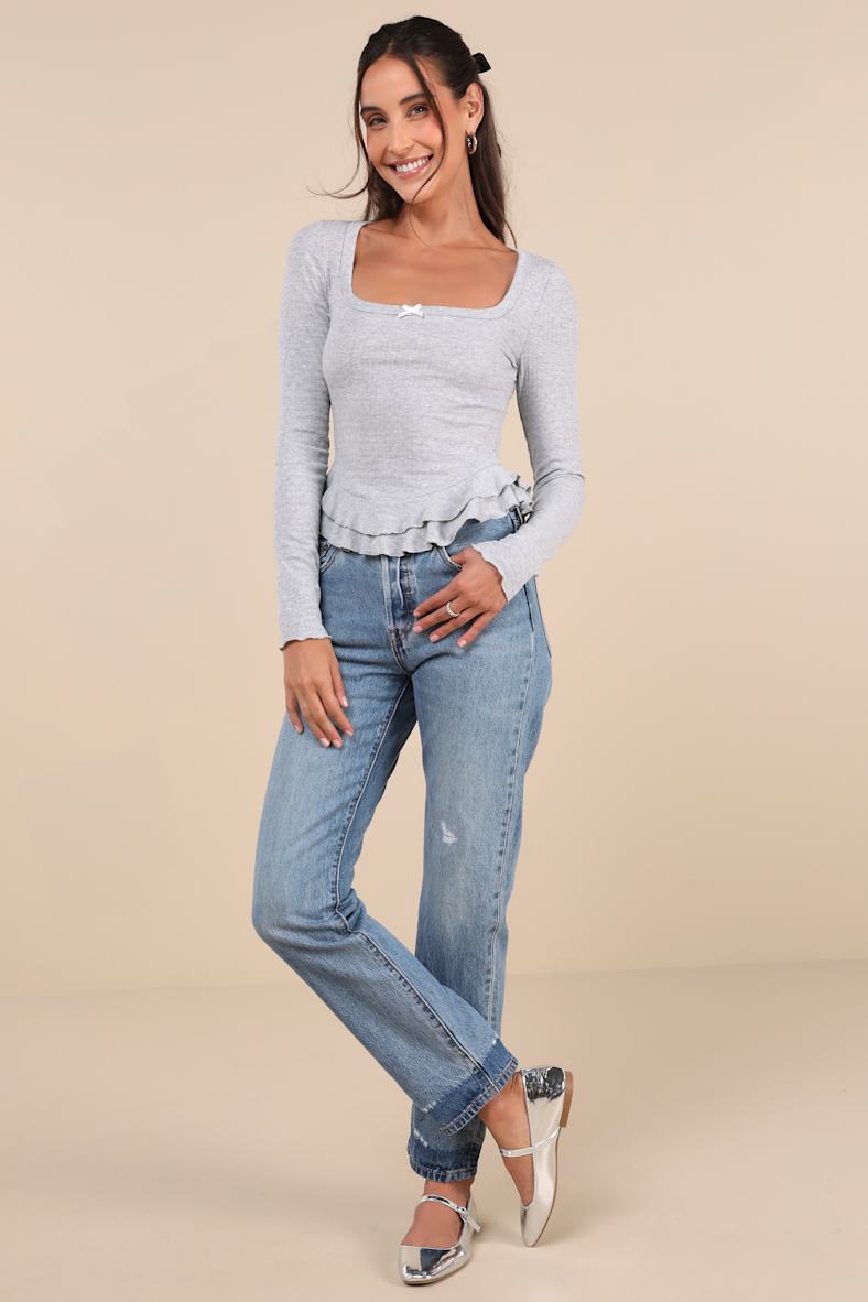 Instinctually Cute Heather Grey Ribbed Ruffled Long Sleeve Top