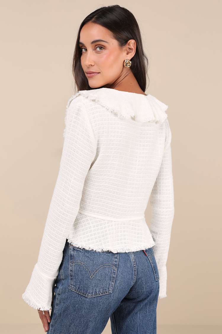 Complete Sophisticate Ivory Tweed Sheer V-Neck Long Sleeve Top