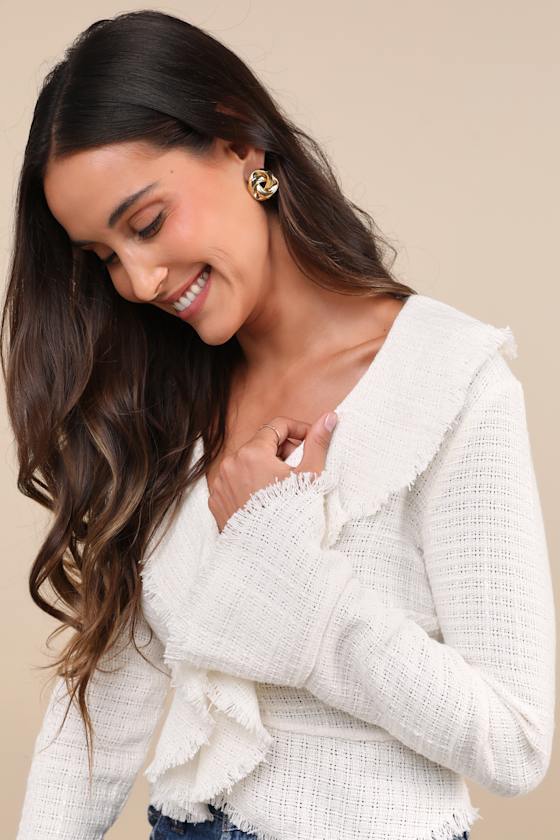 Lulus Complete Sophisticate Ivory Tweed Sheer V-neck Long Sleeve Top In Ivory
