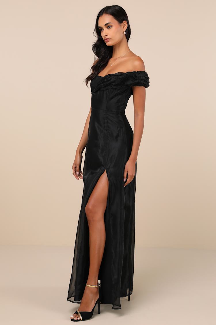 Mesmerizing Silhouette Black Organza Off-the-Shoulder Maxi Dress