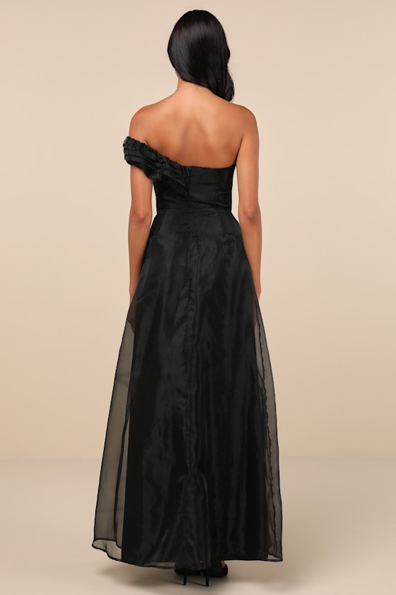 Lulus Mesmerizing Silhouette Black Organza Off-the-shoulder Maxi Dress In Black