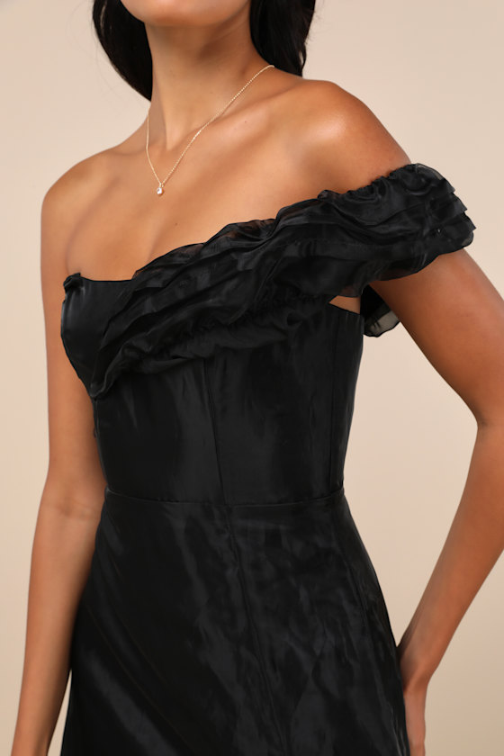 Lulus Mesmerizing Silhouette Black Organza Off-the-shoulder Maxi Dress In Black