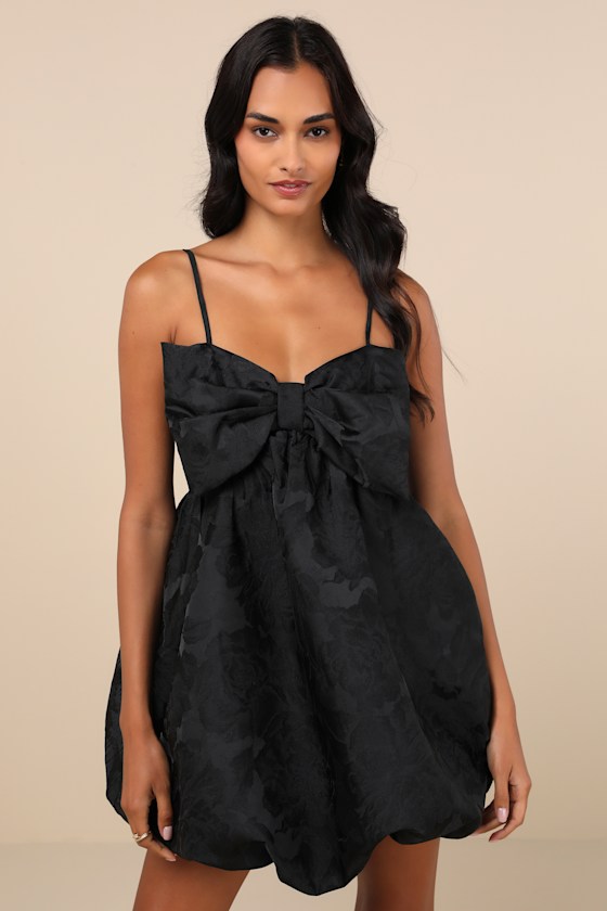 Coquettish Charm Black Bubble Hem Bow Mini Dress With Pockets 4