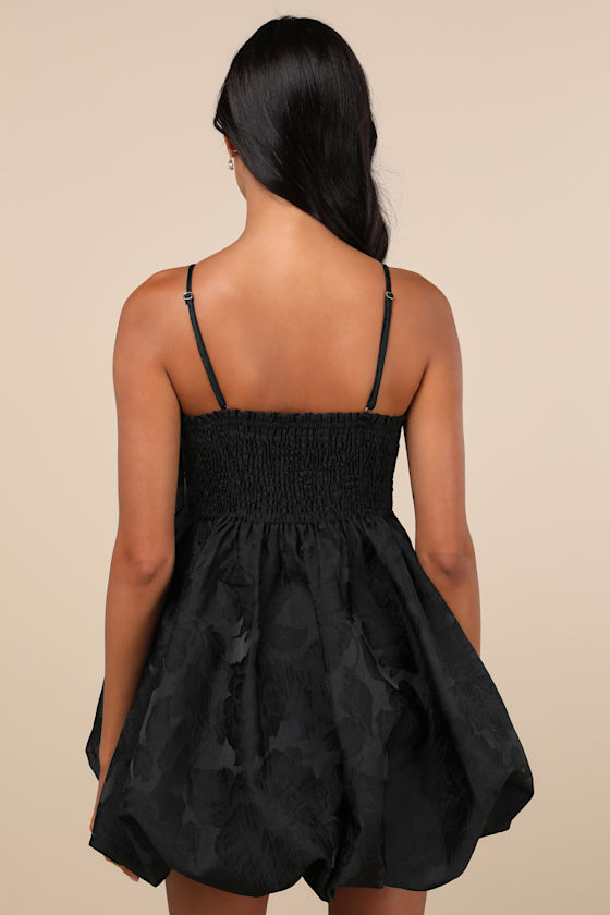 Lulus Coquettish Charm Black Bubble Hem Bow Mini Dress With Pockets In Black