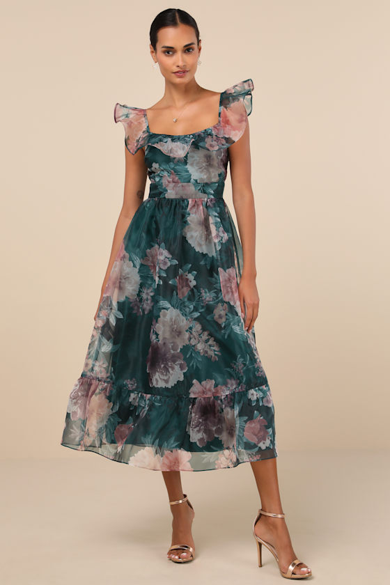 Lulus Sweet Composure Green Floral Organza Off-the-shoulder Midi Dress
